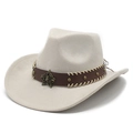 Detail of western cowboy hat with brown leather band, metal studs and star badge - M (56-59cm) / Off-white Suede