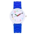 Detail of blue silicone kids watch featuring pencil-shaped hands and colorful numbers - Blue