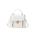 Minimalist white faux leather shoulder bag with gold metal lock and circular handle - White