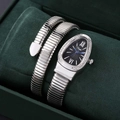Macro detail of silver snake-shaped quartz watch with crystal bezel and black dial - Silver Band Black Dial