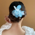 Elegante horquilla de flores azul y blanco con borlas de perlas doradas estilo chino - Estilo de Flor de Seda Azul Dorada (33# Horquilla-Dorado-Flor Azul)