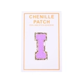 Close-up of purple chenille letter I patch with gold glitter edge and adhesive back - Letter I / Purple