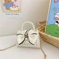 Mini borsa a tracolla beige pied-de-poule per bambina con manico di perle e fiocco - Bianco Crema con Fiocco