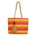 Pink, orange, and yellow striped straw tote bag with orange woven shoulder straps - Standard Type / Rainbow