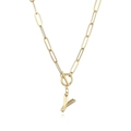 Detailed view of golden Y letter pendant with paperclip chain and OT toggle clasp - Letter Y
