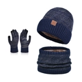 Winter knit set including navy blue fleece-lined hat, scarf and gloves with Sport tag - 3-Piece Set - Navy Blue