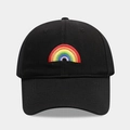 Close-up of rainbow embroidery detail on a vintage washed black cotton baseball cap - Adjustable / Solid Black
