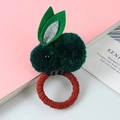 Cute green plush bunny hair tie with red ribbed elastic band for children and girls - Hair Tie / Dark Green