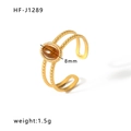 18k gold plated titanium steel ring with 8mm oval tiger eye stone in double band design - Double Ring Band Tiger Eye Design Style (HF-J1289)