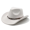 Detail of white faux suede cowboy hat with studded brown leather band and embroidery - M(56-58cm) / Cream