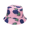 Detail of pink cotton bucket hat with tropical dark blue and green pineapple patterns - 58cm / Pink (F)