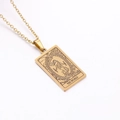 Gold rectangular Tarot necklace featuring The World engraving on a long link chain - The World