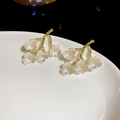 Detail of floral resin earrings with golden branch and frosted white flower petals - Golden Branch White Plum Blossom (9# Silver Earring Post)