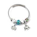 Detail of twisted silver bracelet with heart charms, blue beads, and crystal elephant pendants - Double Elephant Butterfly Heart Lock (C1-014) / Blue