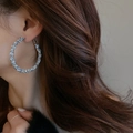 Close-up of geometric hoop earring with sparkling rhinestones worn on a model's ear - Broken Diamond Sparkling Frosted Circle (17#)