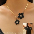 Golden necklace and black flower earring set with textured resin and toggle clasp - Black 2-Piece Set: Earrings + Necklace