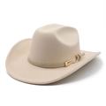 Classic beige wool felt cowboy hat with gold buckle and stylish wide brim for men and women - M (56-58cm) / Off White