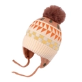 Berretto in maglia beige e arancione per neonati con paraorecchie e pompon marrone - Jacquard ad albero-Khaki