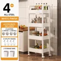 White 4-tier mobile storage trolley made of sturdy steel with hooks and side boxes - 4 Tiers Heightened / White