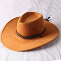 Close-up of yellow suede cowboy hat with braided leather band and adjustable chin strap - One Size 58cm Circumference / Cattle Yellow