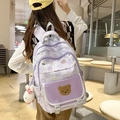Cute light purple school backpack with bear graphics and plush rabbit keychain - Single Bag / Pink