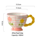 Pink checkered ceramic tulip mug with 400ml capacity and yellow twisted handle - Large Tulip