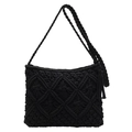 Handgefertigte schwarze Makramee Schultertasche mit Fransen und Rautenmuster - Schwarz