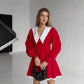 French style A-line mini dress in red with a contrast white doll collar and lantern sleeves - S / Red