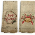 Microfiber Christmas kitchen towels set with vintage musical notes and festive wreath - Design 26 (2PCS)