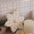 Creamy white snowflake Christmas ornament with golden accents and hanging gold string - Snowflake