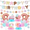 Komplettes Donut-Geburtstagsparty-Set mit Bannern, Ballons und Waben-Tischdekorationen - Gesteppte Girlande Set 4