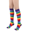 Detail shot of rainbow striped knee high socks on model with vibrant cotton fabric texture - Purple Trim