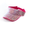 Close-up of rose pink sun visor hat with sparkling rainbow AB rhinestones and strap - Rose Red with AB Rhinestones