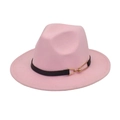 Detail of pink fedora wool hat featuring a black band and gold horse-bit buckle accent - Pink