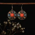 Bohemian tribal dangle earrings with colorful enamel petals and an orange resin gem - Multicolor Enamel Hollow Earrings (H1213-1)