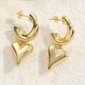 Minimalist golden C-shape hoop earrings with heart-shaped pendants and secure needle back - Gold Solid Heart