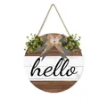 Rustic wooden hello door sign with artificial greenery and burlap bow for home porch - 28x28x0.5cm / Creative Stripe Style (M80562Q)