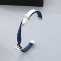 Silver-toned steel C-shaped cuff bracelet with dark blue woven leather detail for men - Steel Silver Blue (KB187684-KFC)