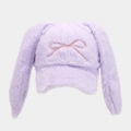 Dettaglio del cappellino di peluche viola con orecchie di coniglio e fiocco rosa ricamato - Regolabile / Viola Chiaro