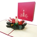 Détail d'une carte de Noël 3D avec fleur de poinsettia et décorations de bougies - Lueur de Bougie de Noël / 15x15cm