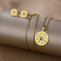 Macro view of gold-plated necklace and earrings set with circular geometric maze pattern - Maze Greek Key (TZ-465)