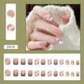 Green gradient short press-on nails with white floral relief, pearls and silk ribbon detail - Spring Sprout (Z610) (With Glue)