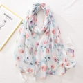 White cotton-linen scarf with colorful watercolor floral patterns and fringe details - C1162 White Watercolor Floral