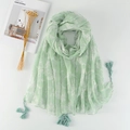 Detail of light green floral scarf with tassels and breathable cotton-linen fabric - 180*90CM / Light Green Elegant White Floral (XB577)
