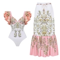 Détail du maillot de bain à volants col en V avec imprimé floral ethnique et jupe longue - S / Ensemble à Volants