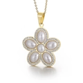 Elegant gold-plated flower pendant necklace featuring white pearls and sparkling crystals - Gold Five-Petal Flower Pearl Style (KP44949-K)