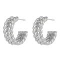 Close-up of S925 silver C-shaped hoop earrings with twisted rope texture and polished finish - Twisted Rope Hoop / Silver