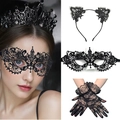 Black lace cat ears headband and mask set for Halloween costume and party dress-up - 015 Black Set (Include Headband/Mask/Gloves)