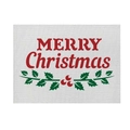 Close-up of linen Christmas placemat with red Merry Christmas print and holly leaves - CD092-15 Merry Christmas Text