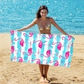 Double-sided microfiber beach towel with pink flamingo and blue striped prints - B33-Sea and Sun Flamingo